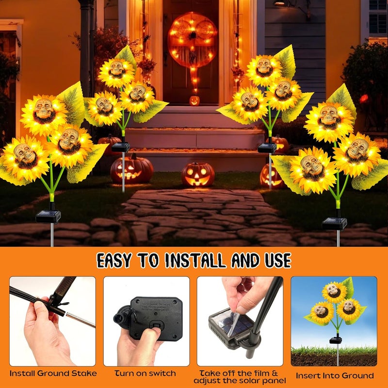 SANDECO Halloween Decorations Outdoor, 4 Pack Solar Scary Skull Sunflowers Lights,Waterproof Solar Flowers Lights Garden Decor for Halloween Yard Patio Lawn Party Decor - Image 5
